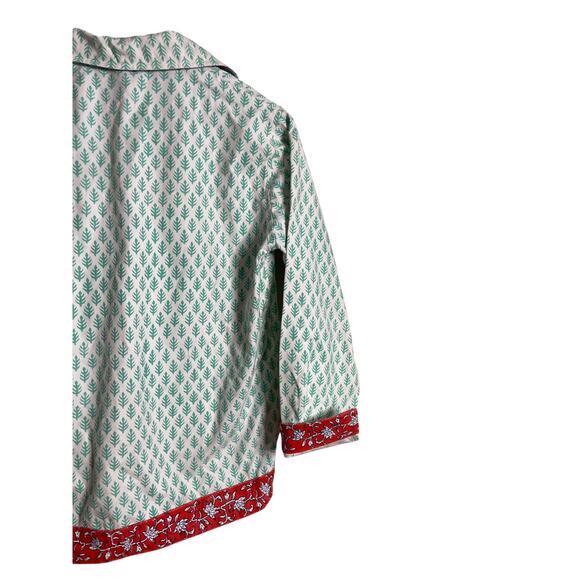 SZ Blockprints Cotton Jacket Green Leaf Red Floral Trim Hand Block Womans OS - Picture 4 of 11